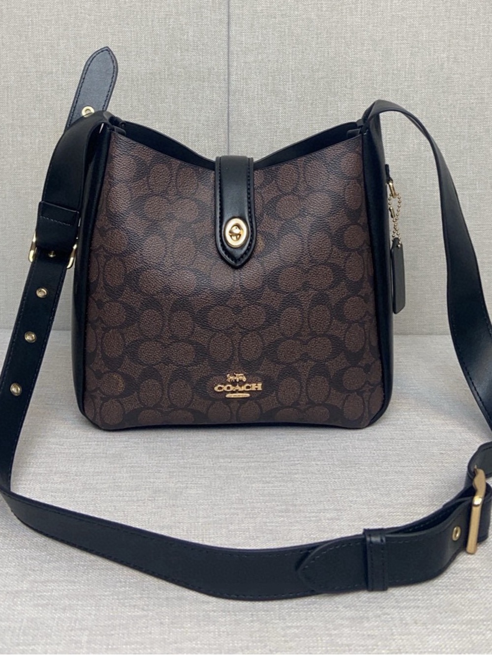 Coach Brown Signature Canvas Crossbody with Black Leather Trim and Gold Hardware